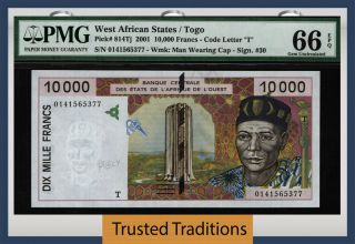 Tt Pk 814tj 2001 West African States / Togo 10000 Francs Pmg 66 Epq Gem Unc