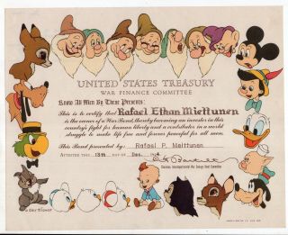 1944 U S Treasury War Savings Bond Certificate With Disney Characters