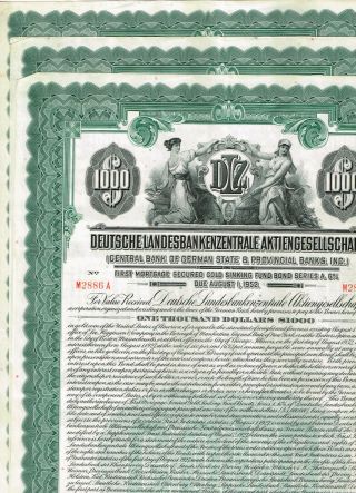Set 3 Central Bank Of German State.  1927,  Gold Bond $1000,  Cancelled,  Vf