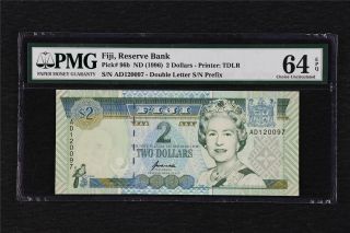 1996 Fiji Reserve Bank 2 Dollars Pick 96b Pmg 64 Epq Choice Unc