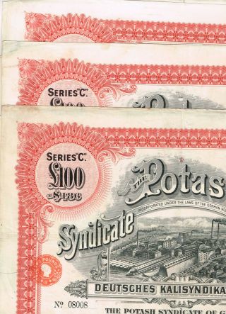 Set 3 Potash Syndicate Of Germany,  1929,  100 Lb Gold Loan,  Cancelled,  Vf