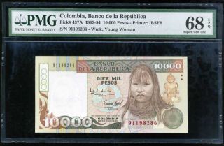 Colombia 10000 10,  000 Pesos 1994 P 437a Supbeb Gem Unc Pmg 68 Epq Finest Highest