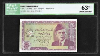 Pakistan,  1997,  5 Rupees,  " Specimen " Note,  Icg Unc 63,  Pick 44s.