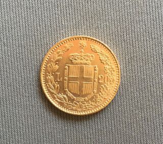 1883 Kingdom of Italy,  Umberto I.  Gold 20 Lire Coin.  (AU - UNC) 6.  43gm 2