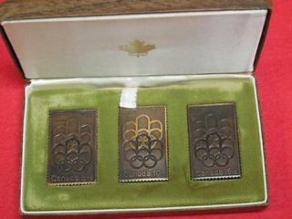 1976 Canada Olympic Stamp And Bronze Stamp Shaped Medal Set Box &