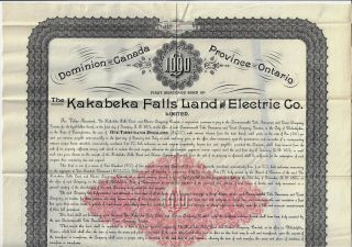 Canada 1891 Kakabeka Falls Land & Electric Co Bond Stock Certificate Ontario 45