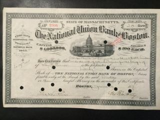 1865 The National Union Bank Of Boston Stock Bond Certificate