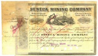 Seneca Mining Company.  Michigan.  Stock Certificate