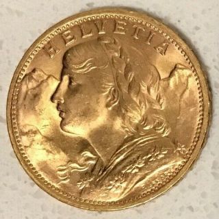 1949 Gold Switzerland 20 Fr Francs Gold Coin - Helvetia Swiss Gold Bullion Round