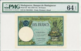 Banque De Madagascar Madagascar 10 Francs Nd (1937 - 47) Pmg 64epq