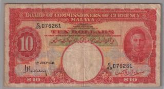 561 - 0052 Malaya | Kgvi Commissioners,  10 Dollars,  1945,  Pick 13,  Vf