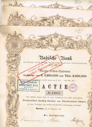 Deco Germany Set 3 Badische Bank,  Mannheim 1871,  350 Gulden,  Cancelled,  Vf - See
