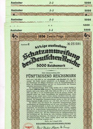 Set 5 Deutsches Reich,  Berlin 1936,  Treasury - Loan 5000 Reichsmark,  Cancelled,  Vf