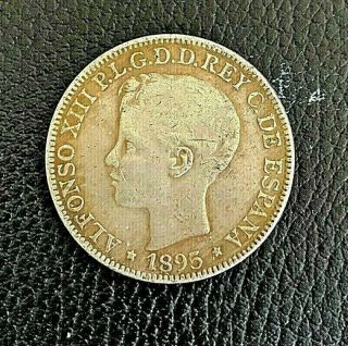 1895 Alfonso Xiii - Silver 1 Peso Puerto Rico 5 Pesetas
