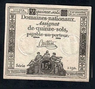 15 Sols Assignat From France 1792 Xf