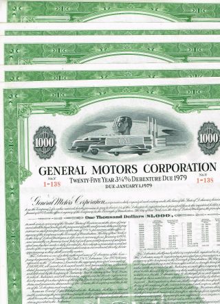 Set 5 General Motors Corp. ,  1954,  1000$ Bond,  Vf