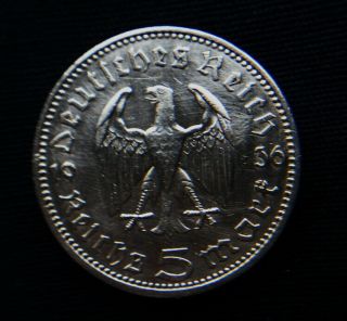 1936 Germany Reich Silver Coin 5 Reichsmark Xf Hindenburg In