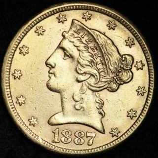1887 - S Gold $5 Dollar Half Eagle Choice Unc E377 Kenn