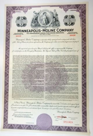 Mn.  Minneapolis - Moline Co. ,  1940s $odd Specimen 6 Debenture Bond,  Xf Abnc