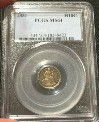 1851 Silver Liberty Seated Half Dime - Pcgs Ms64 - H10c -