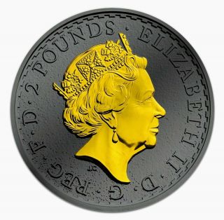 2017 UK Britannia Black Ruthenium Gold Gilded 1oz.  999 Silver Coin - Box & 2