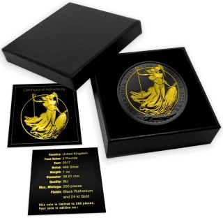 2017 UK Britannia Black Ruthenium Gold Gilded 1oz.  999 Silver Coin - Box & 3