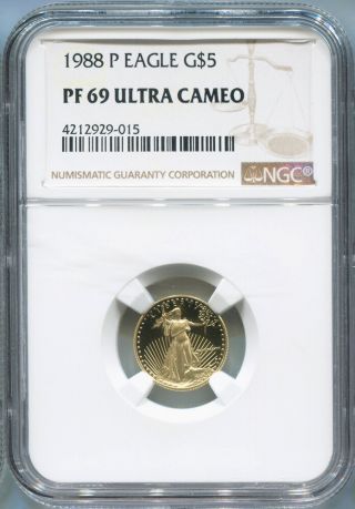 1988 $5 Gold Eagle,  1/10 Oz.  Ngc Pf69 Ultra Cameo.  Proof.