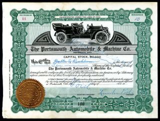 Portsmouth Automobile & Machine Co. ,  1910s 10 Shrs Partially I/c Stock Cert,  11