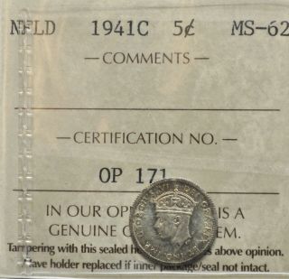 1941 - C Newfoundland 5 Cents Iccs Graded Ms - 62