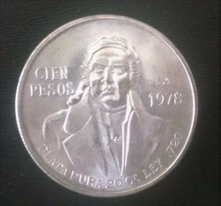 1978 Mexico Cien Pesos Coin.  720 Silver