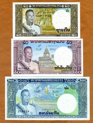 Set Lao / Laos,  Kingdom,  20;50;200 Kip,  Nd (1963),  P - 11 - 12 - 13,  Unc