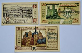 Saalfeld Saale Notgeld 10,  25,  50 Pfennig 1921 Emergency Money Germany (5878)
