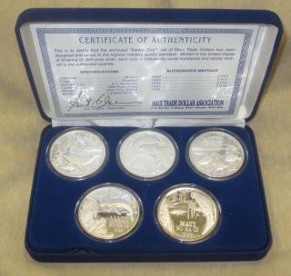 Set 1 1992 - 1996 Maui Trade Dollars 5 Coins.  999 Silver 5 Total Ounces 1 Oz.  Ag