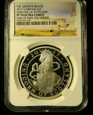 2017 The Queens Beasts Unicorn Of Scotland Ngc Pf 70 Ultra Cameo 110 Of 250
