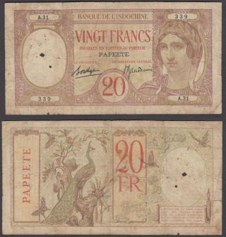 Tahiti 20 Francs Nd 1928 (vg) Banknote Papeete P - 12