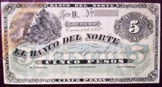 SCARCE BANKNOTE 5 PESOS JANUARY 01.  1882 BANCO DEL NORTE COLOMBIA XF PICK S682 2