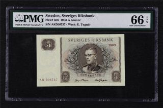 1963 Sweden Sveriges Riksbank 5 Kronor Pick 50b Pmg 66 Epq Gem Unc