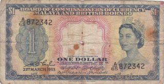 1 Dollar Vg Banknote From Malaya And British Borneo 1953 Pick - 1