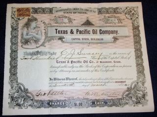 1901 Stock Certificate Texas & Pacific Oil Company Beaumont Texas