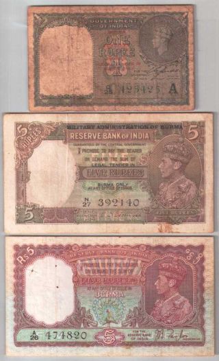 513 - 1347 India Burma | Kgvi Set,  1&5 Rupees,  1938 - 47,  3 Notes,  F - Vf