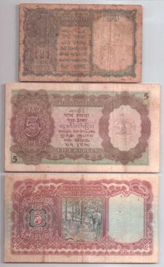 513 - 1347 INDIA BURMA | KGVI SET,  1&5 RUPEES,  1938 - 47,  3 NOTES,  F - VF 2