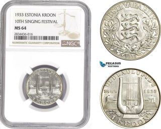 Ad820,  Estonia,  1 Kroon 1933,  Silver,  Ngc Ms64