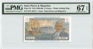 Saint Pierre & Miquelon Nd (1950 - 60) P - 22 Pmg Gem Unc 67 Epq 5 Francs
