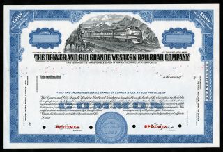 Denver & Rio Grande Western Railroad Co. ,  Ca.  1930s Specimen Stock Certificate