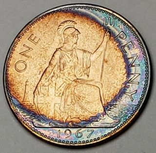 1967 Queen Elizabeth Ii Bu Unc Great Britain One Penny Rainbow Color Toned Coin