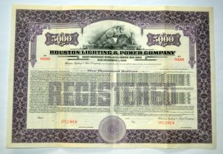 Tx.  Houston Lighting & Power Co. ,  1941 $5,  000 Registered 3 1/2 Specimen Bond Xf