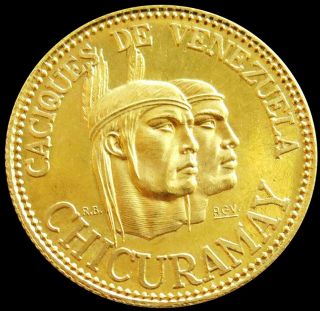 1957 Gold Chicuramay Venezuela 6 Gram Indian Chieftain Caciques Coin