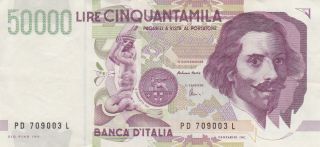 50 000 Lire Very Fine Banknote From Italy 1992 Pick - 116