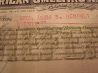 VTG 1943 AMERICAN SMELTING AND REFINING CO STOCK SHARE 20 SHARE SG CORA RENAULT 3