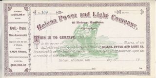 Ca.  1800s Helena Power And Light Company Stock Certificate